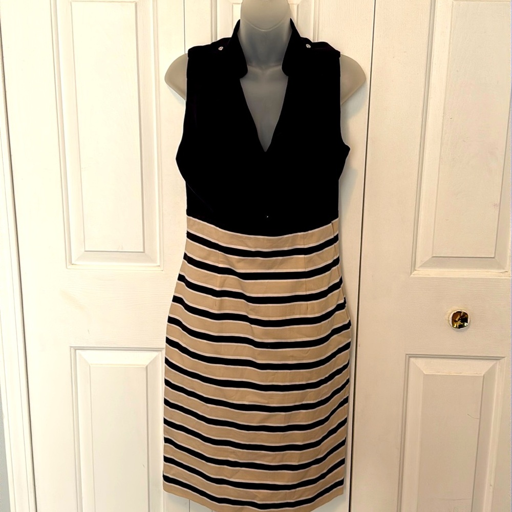 White House Black Market Sz 8 Black/Beige Striped Sleeveless Dress GUC B1313